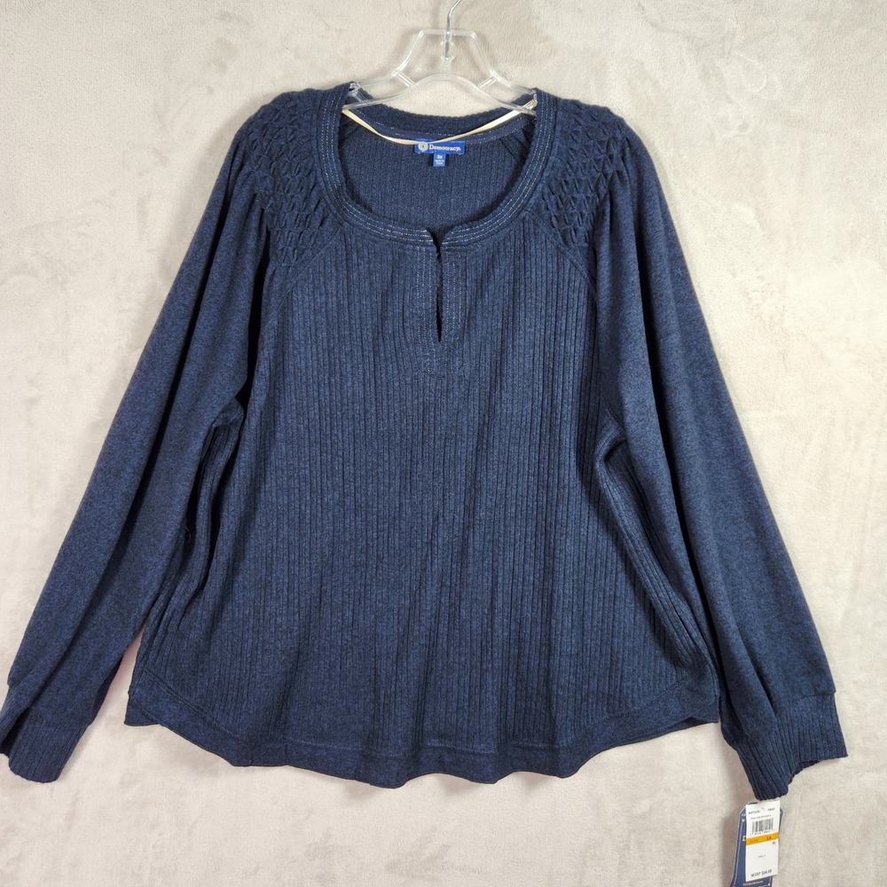 Democracy‎ Top Womens 3X Blue Ribbed Knit Split Neck Crochet Shoulder Casual